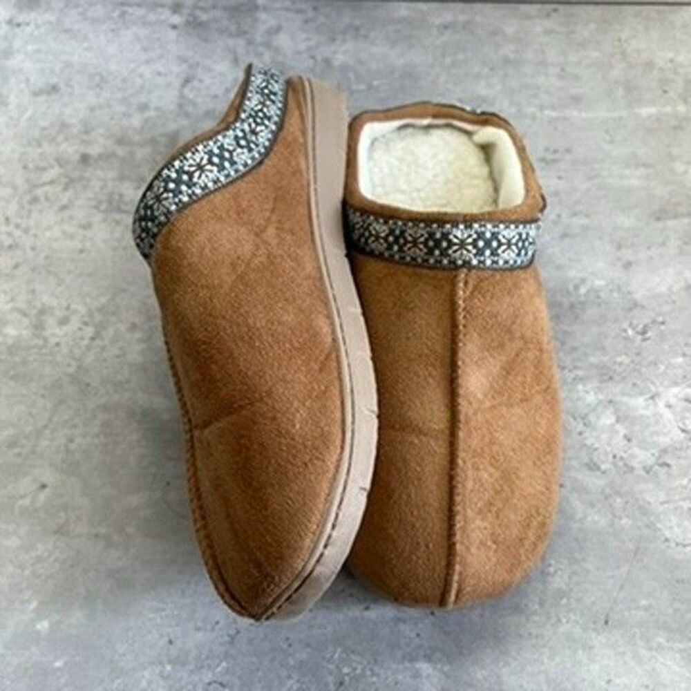 Isotoner Clara Brown Faux Fur Lined Microsuede Clog Slippers Womens US 8.5-9